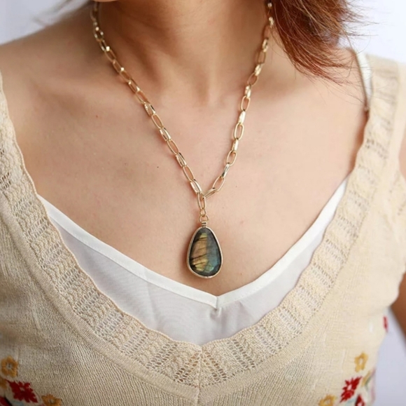 Labradorite Natural Stone Pendant Chunky Copper Chain Necklace - Picture 3 of 7